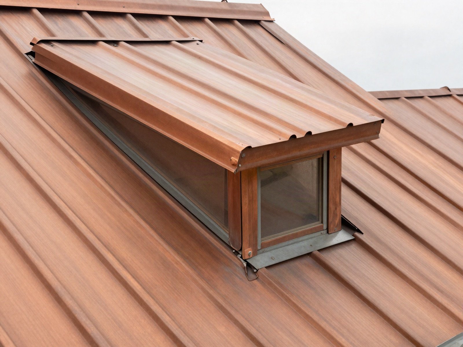 A copper standing seam metal roof with custom flashing around a dormer