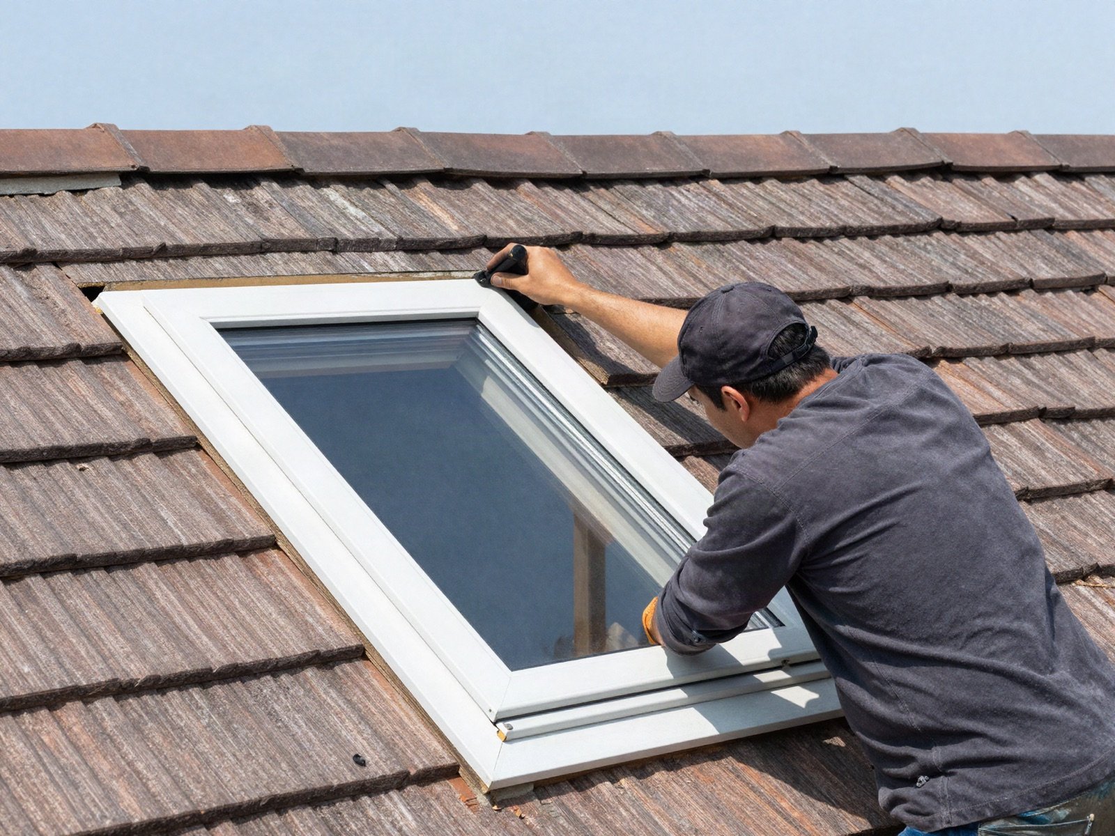 A roofer fitting a new skylight into a tiled roof