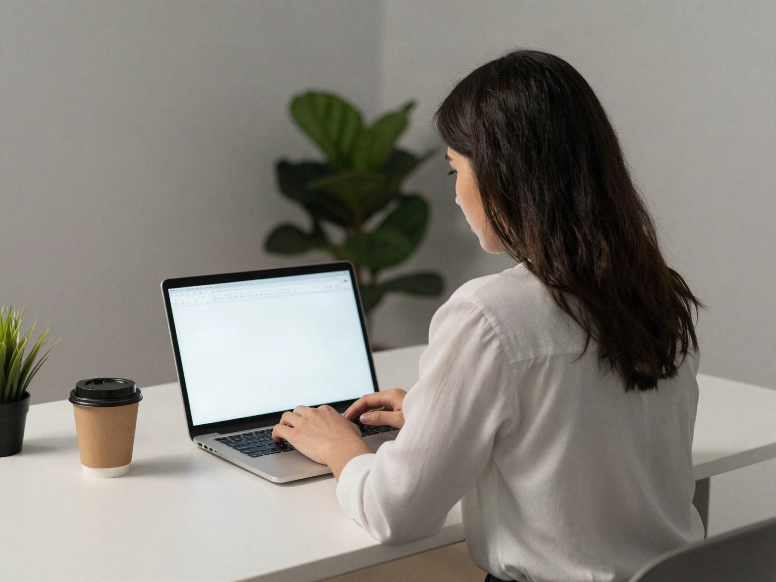 A woman working on a laptop at a clean desk with a coffee cup