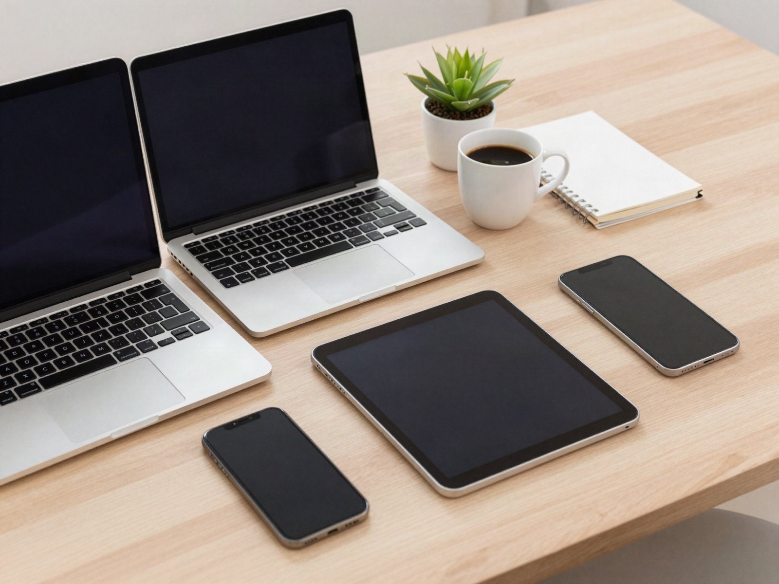 Laptops, a tablet and phones on a light wooden desk