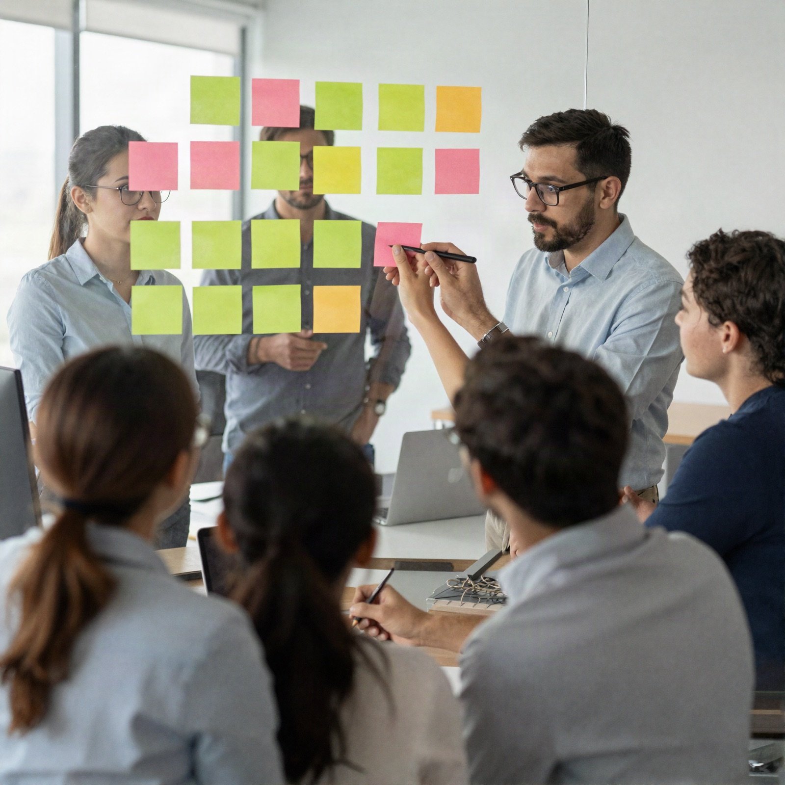 A marketing team brainstorming with colourful sticky notes on a glass wall