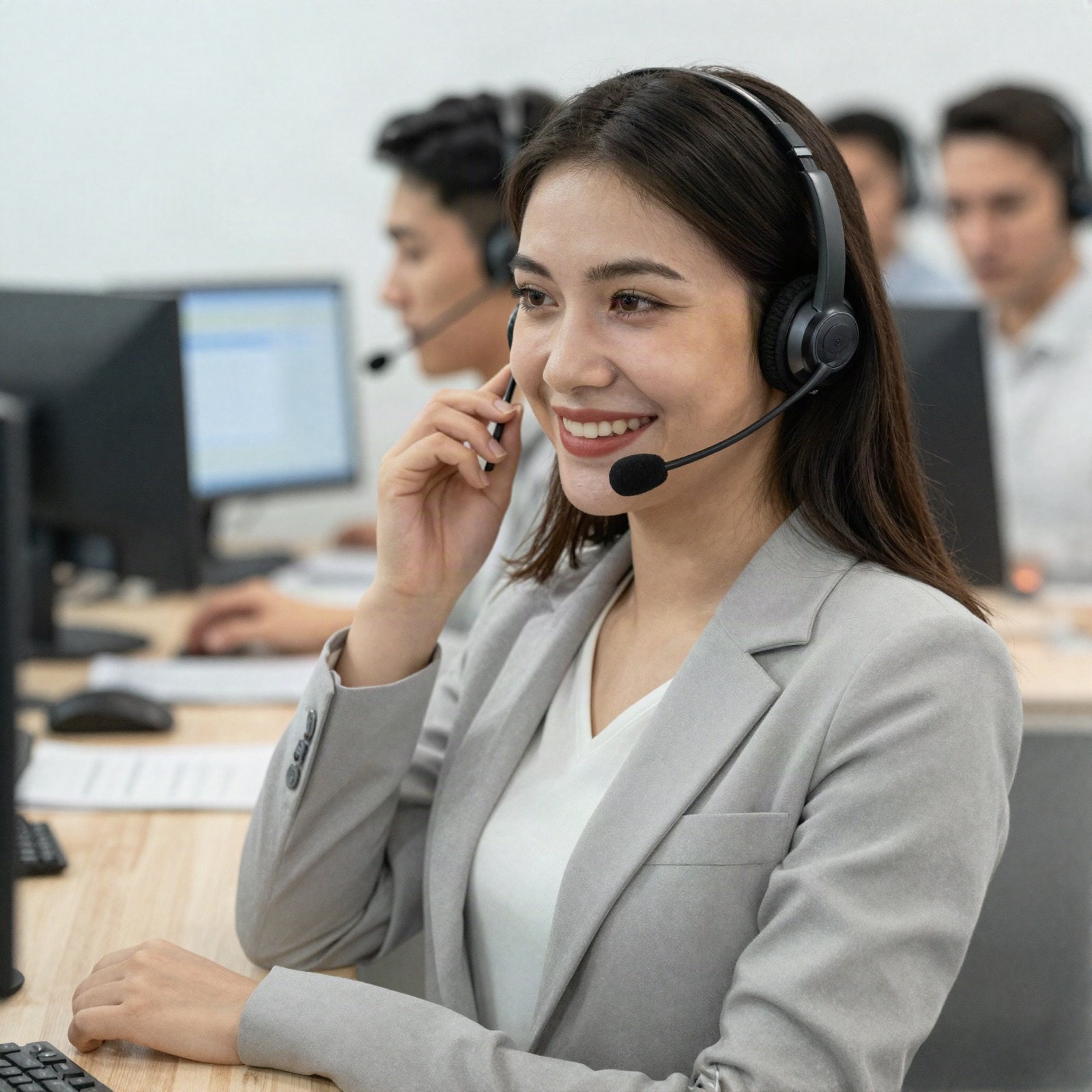 A smiling customer support specialist wearing a headset