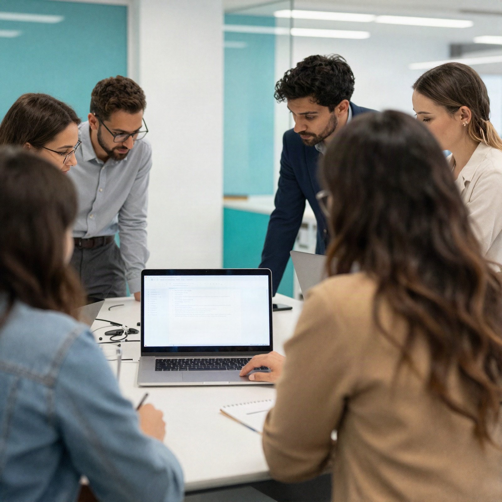 A project team gathered around a laptop at an office table