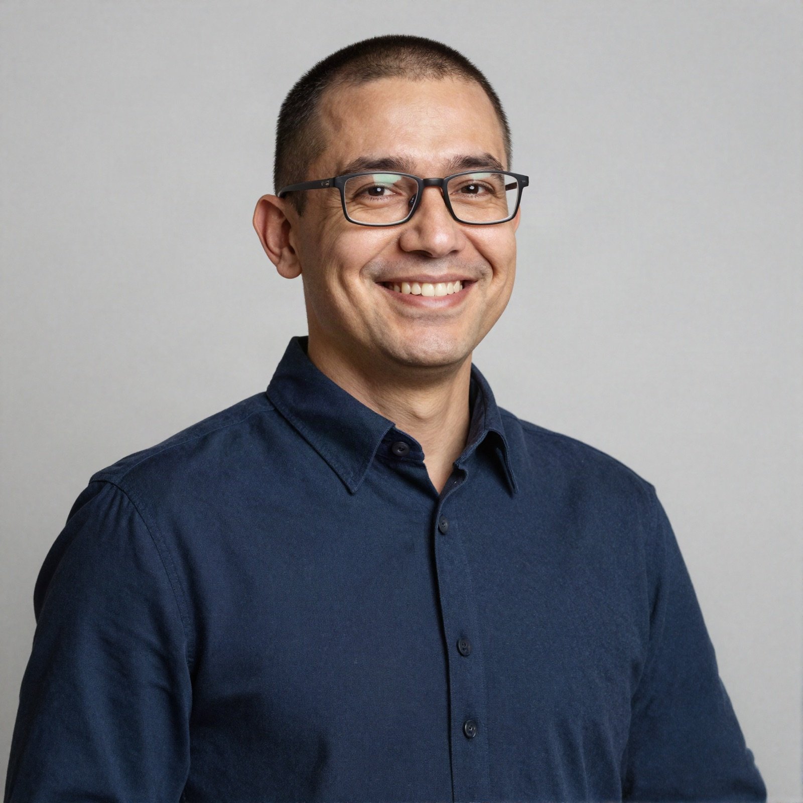 Portrait of a smiling man with glasses in a navy shirt