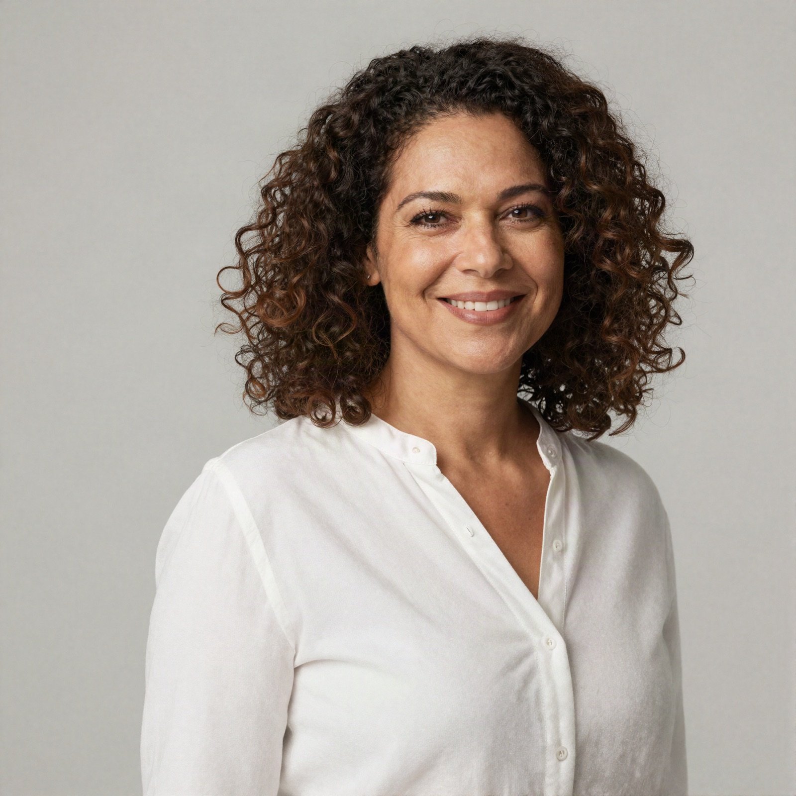 Portrait of a smiling woman with curly hair in a white blouse