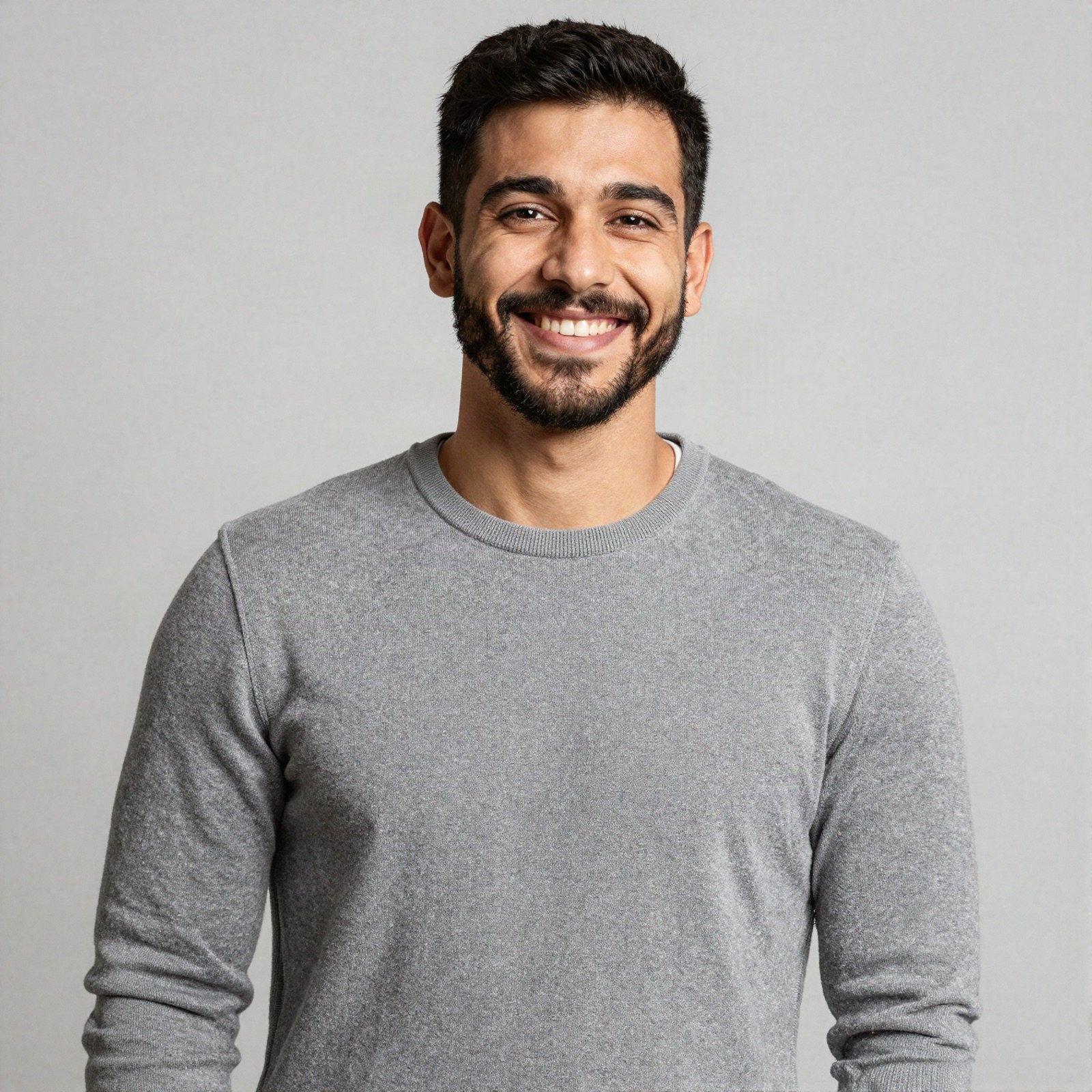 Portrait of a smiling bearded man in a grey sweater
