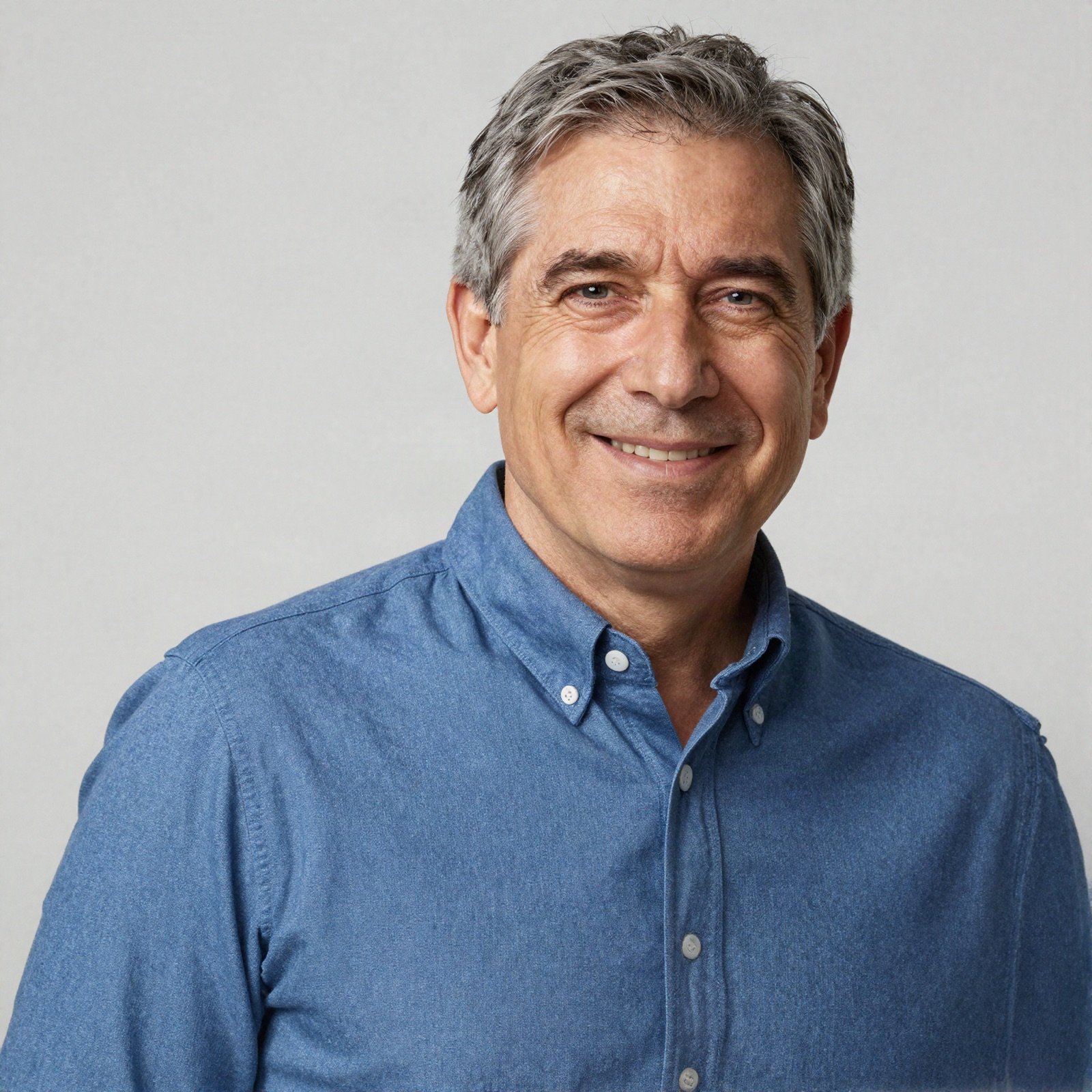 Portrait of a smiling grey-haired man in a blue shirt