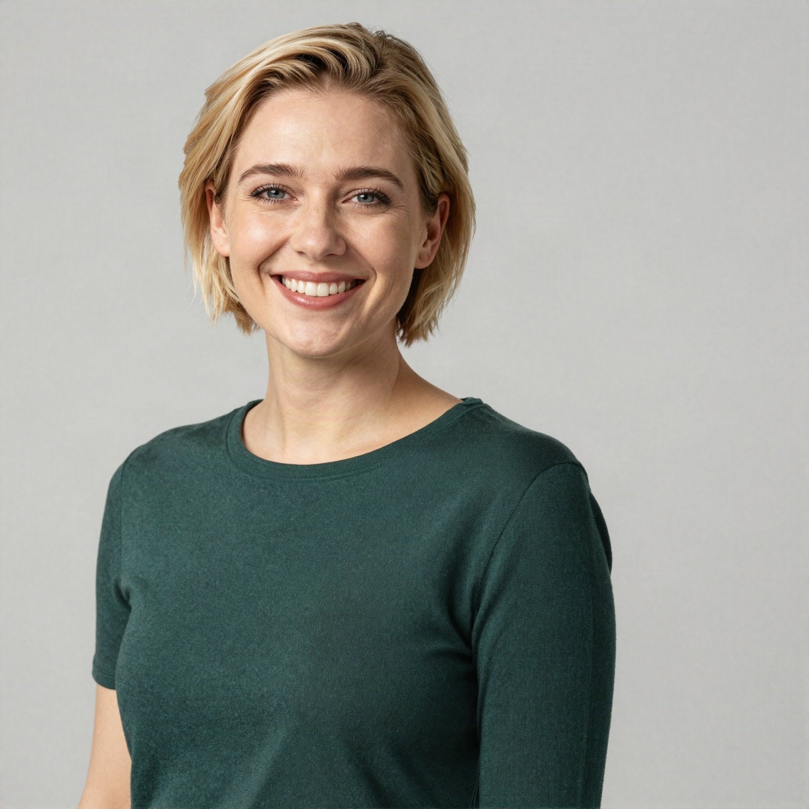 Portrait of a smiling woman with short blonde hair in a green top