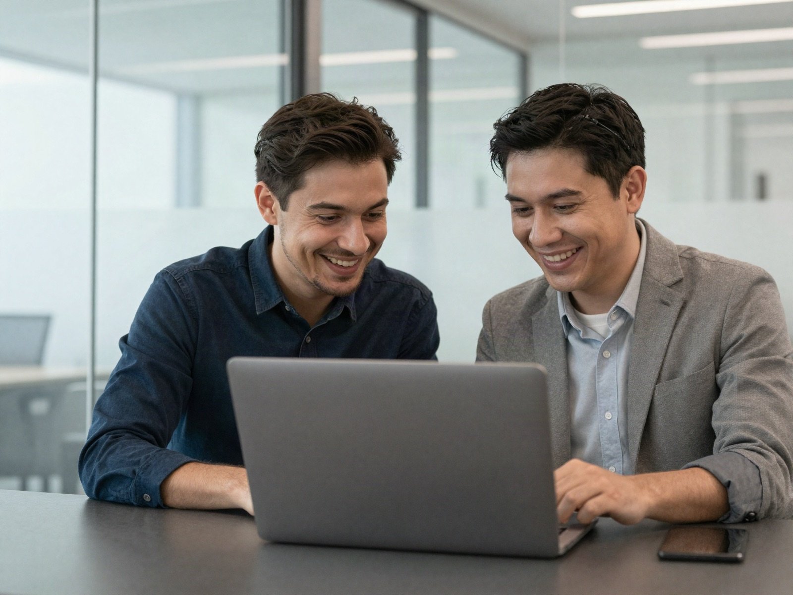 Two colleagues smiling at a laptop in a bright office