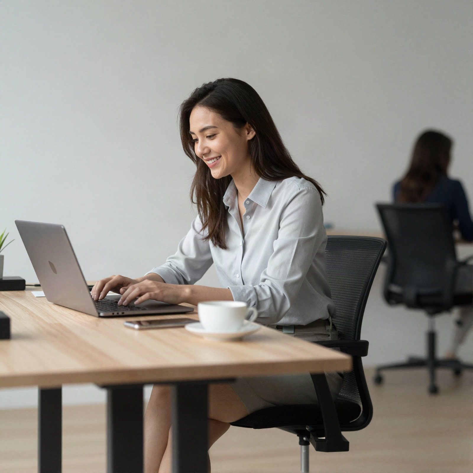Smiling developer typing on a laptop at a bright office desk