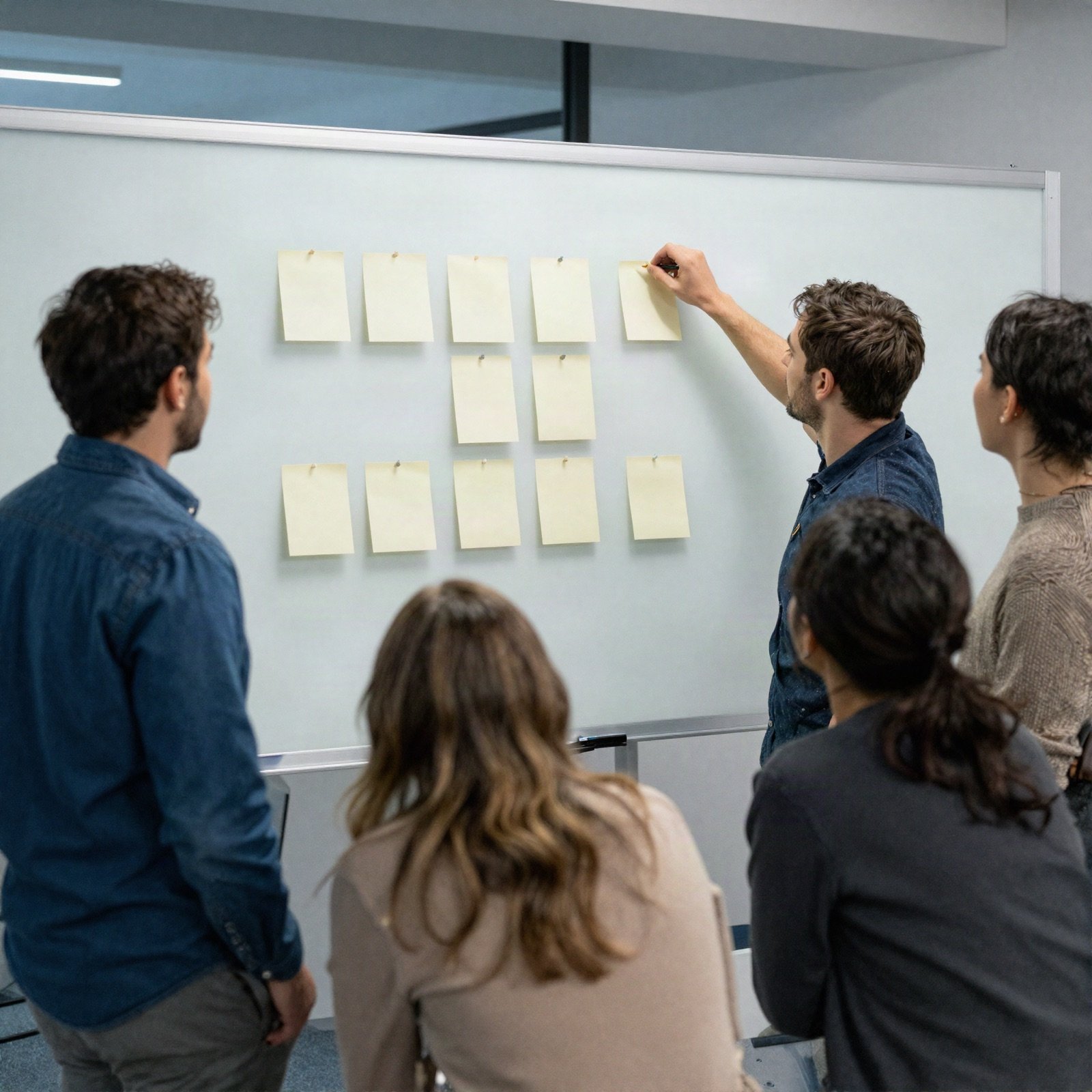 Team planning a project with paper notes on a whiteboard
