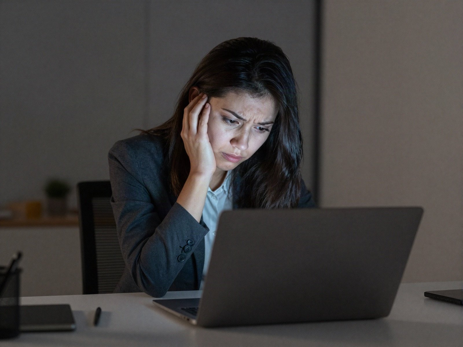 A frustrated business owner looking at her laptop late at night