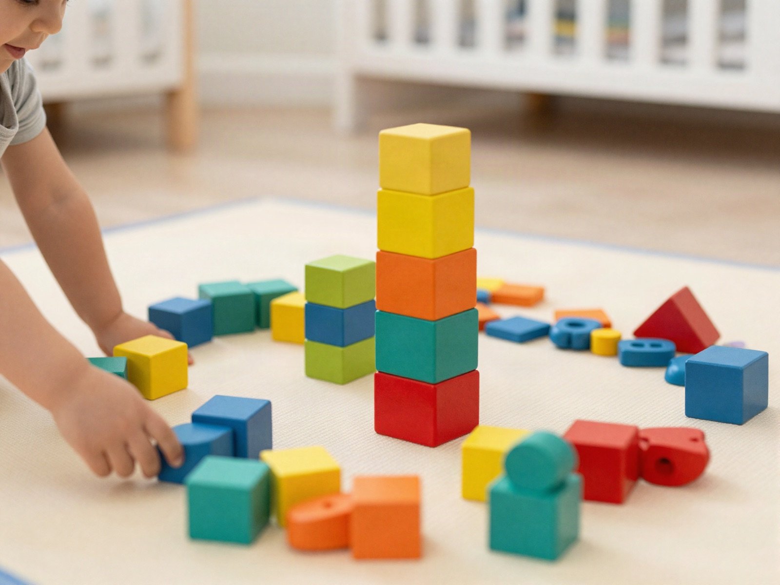 Toddler stacking colourful soft blocks on a play mat