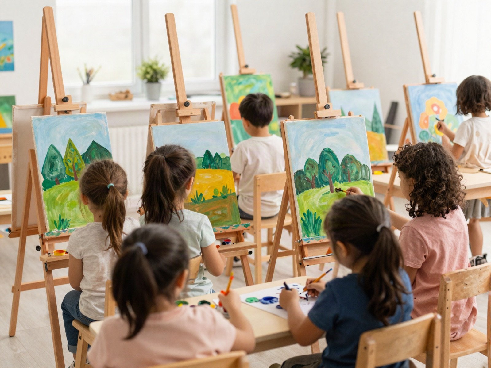 Children painting landscapes at easels in an art corner