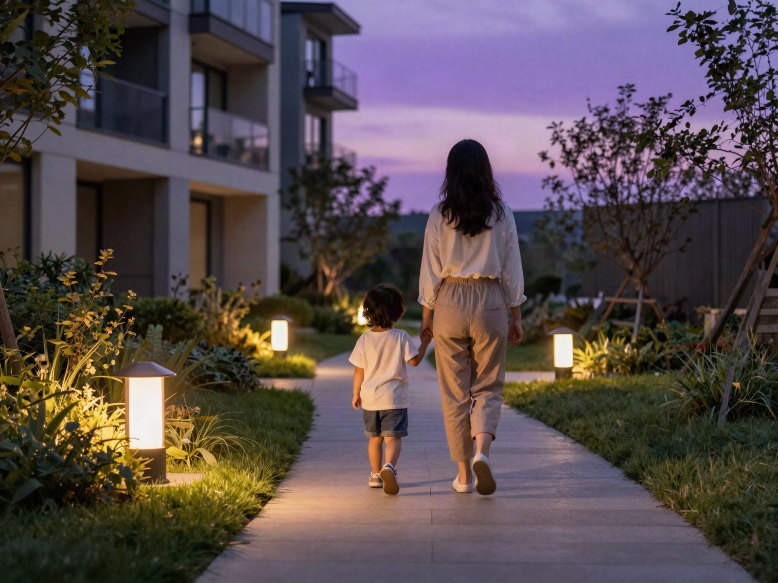 A mother and child walking along a lit garden path to their apartment building at dusk