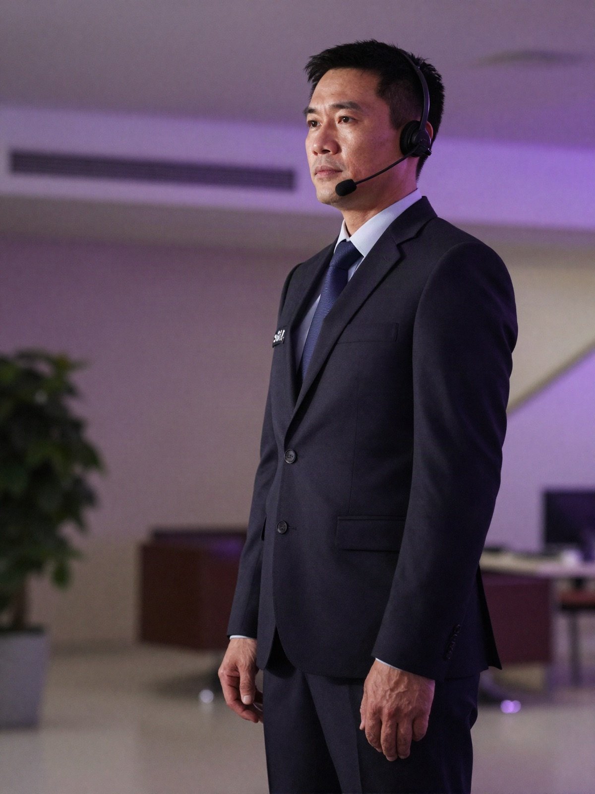 A security professional in a dark suit with an earpiece standing in an office lobby