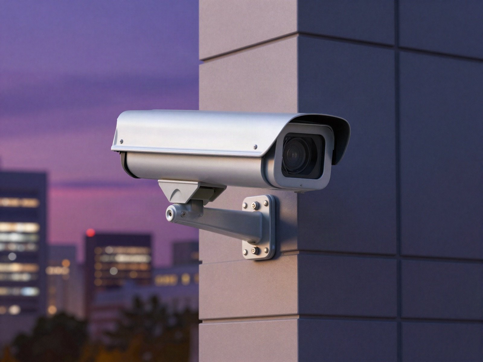 A security camera on a building facade with city lights at dusk