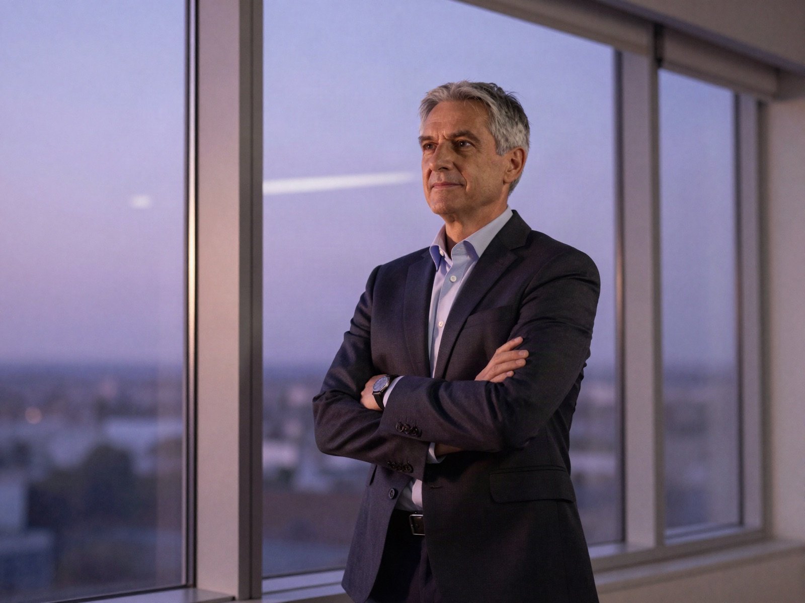 The company founder in a dark suit standing by an office window at dusk