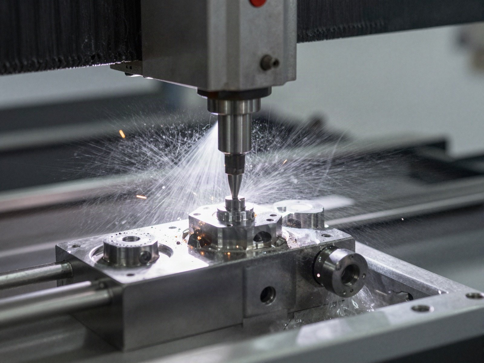آلة CNC تقطع قطعة معدنية مع رذاذ سائل التبريد