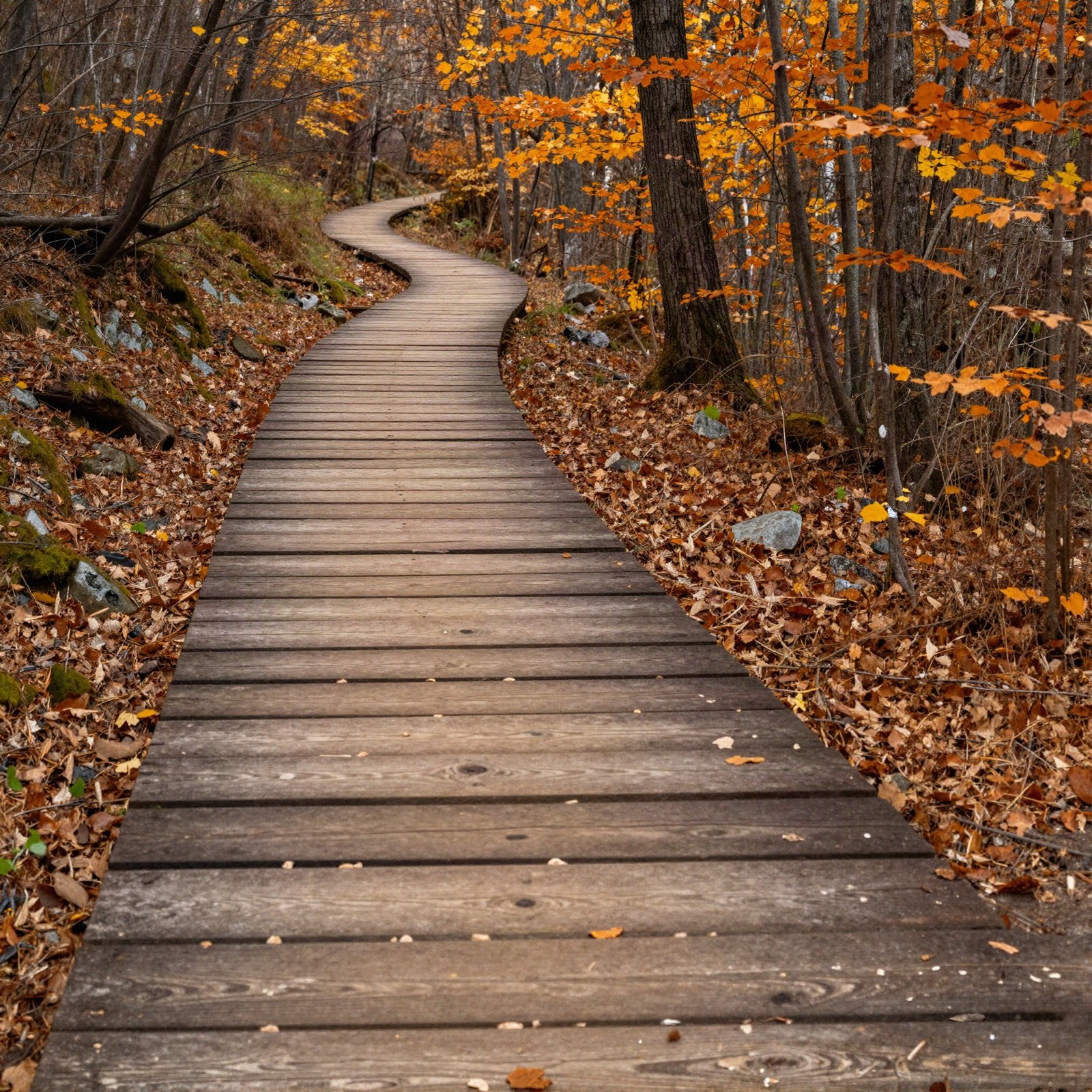 A wooden boardwalk trail through an autumn forest