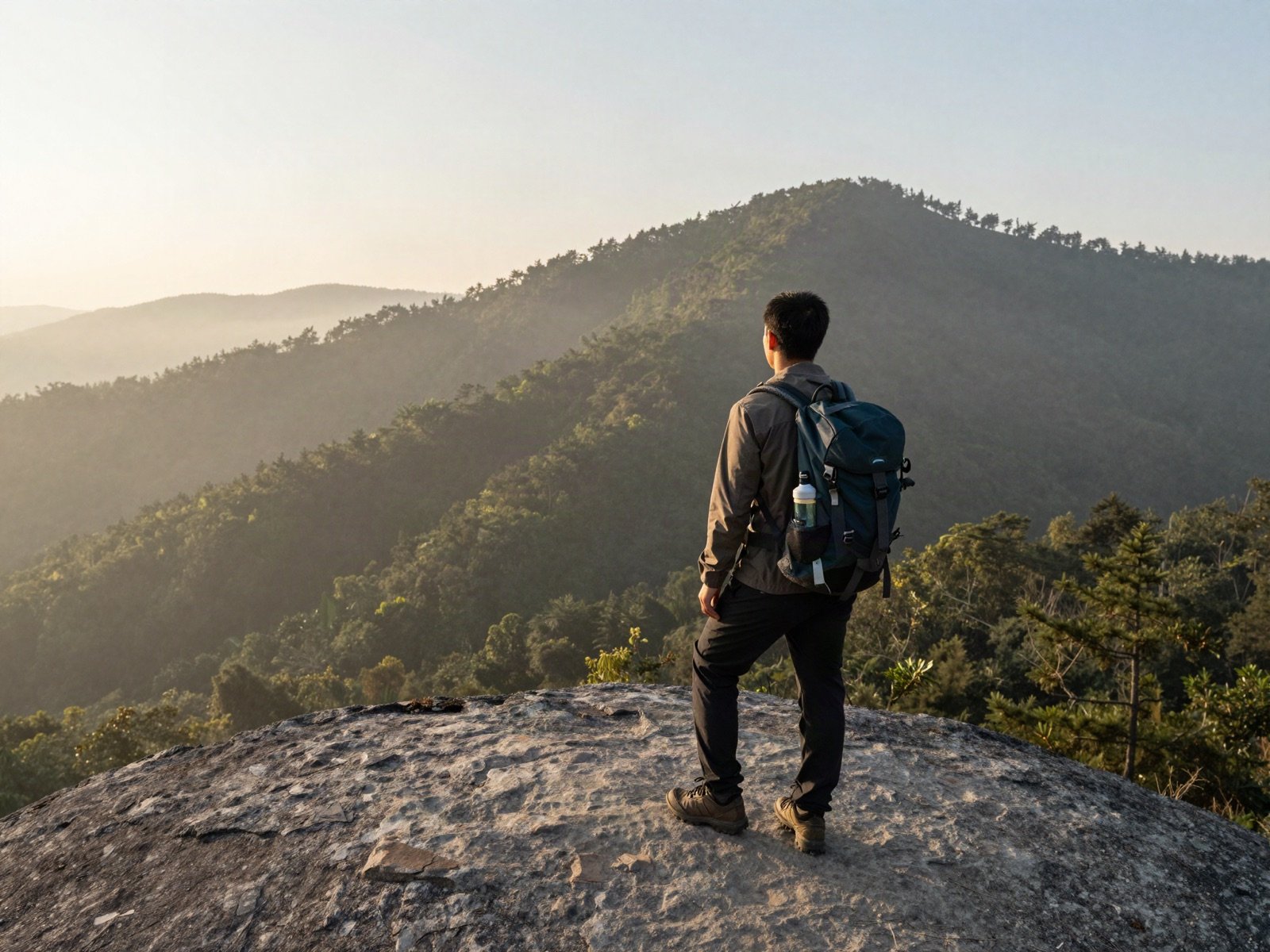 A hiker looking out over misty forested hills at sunrise