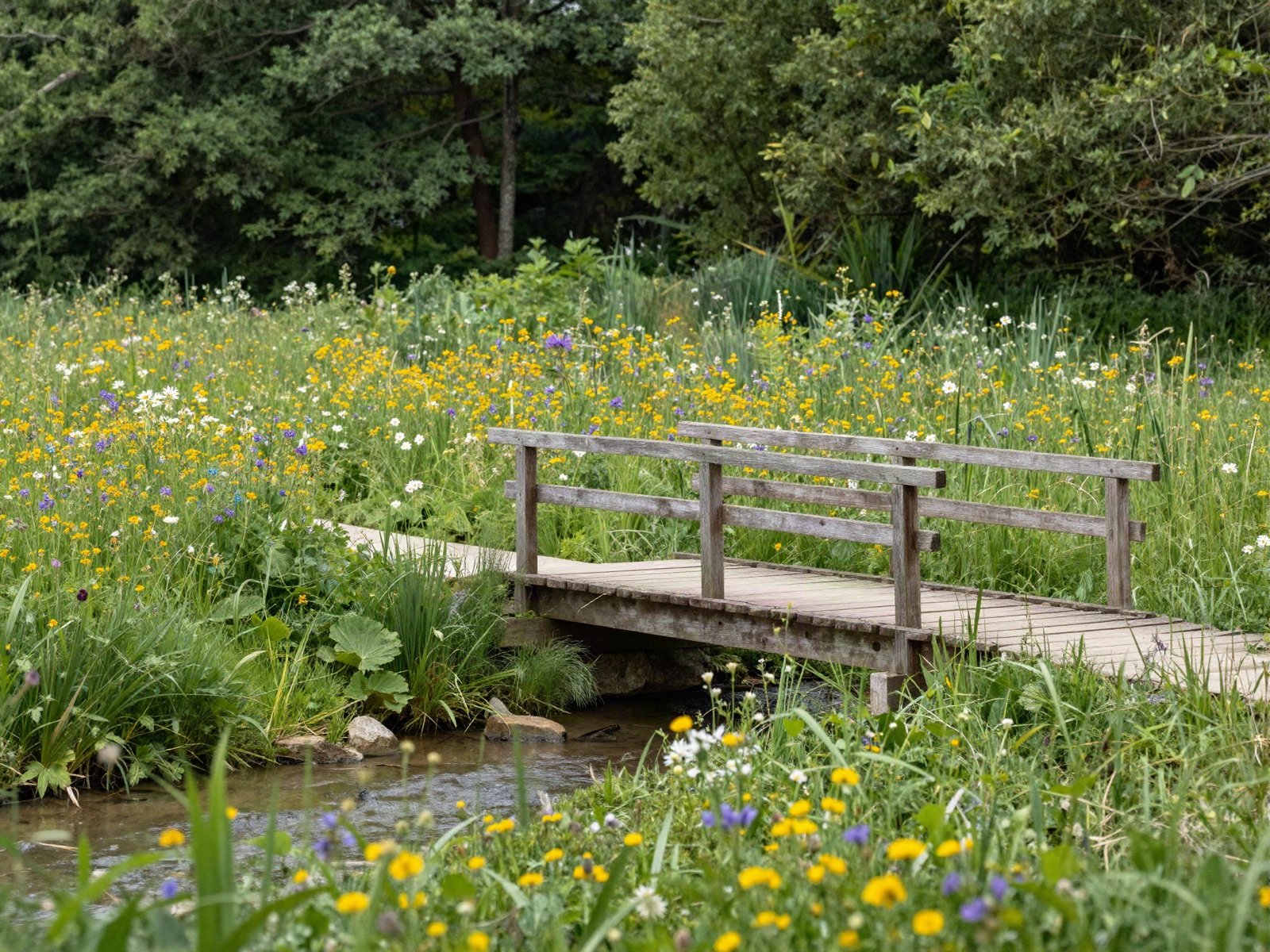 A wooden footbridge over a stream in a wildflower meadow