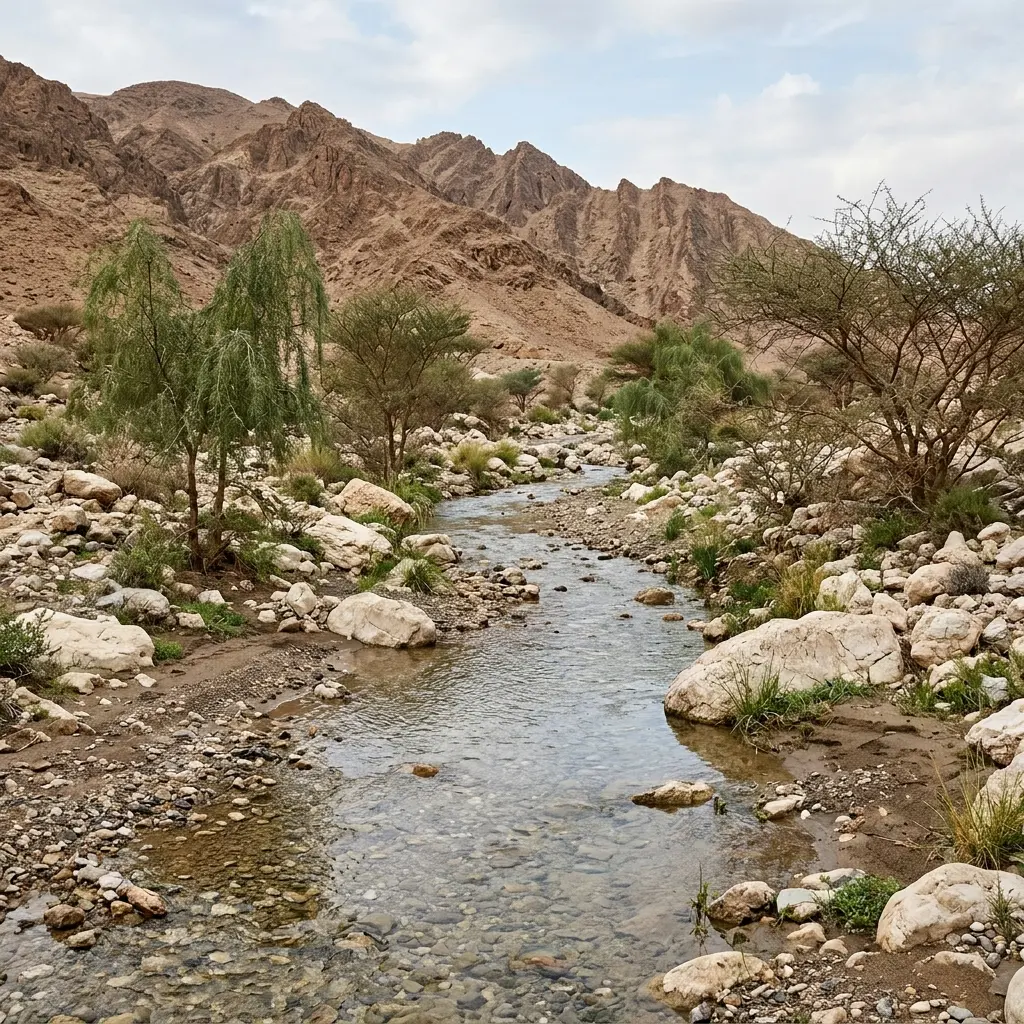 جدول صافٍ في وادٍ صخري تحفّه أشجار الغاف والسمر