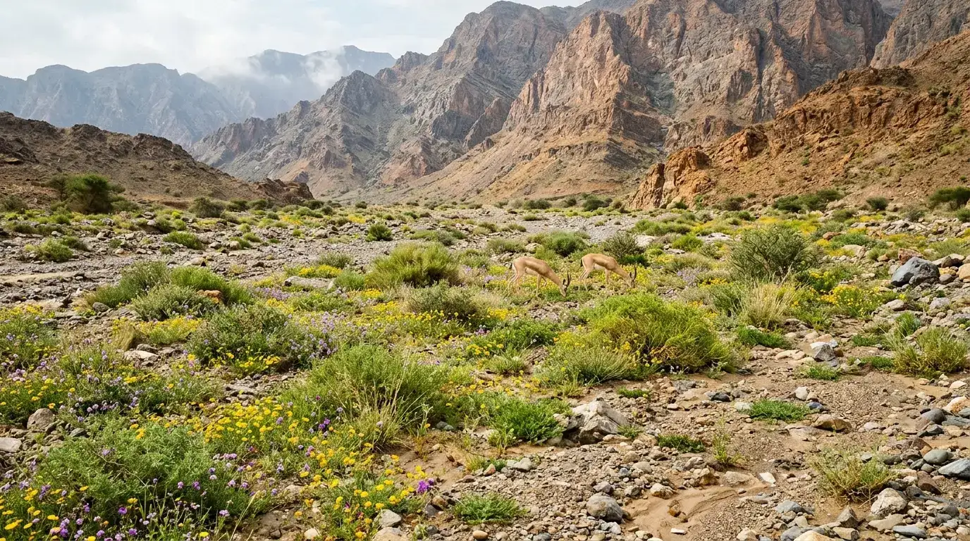 أزهار الربيع البرية في وادٍ صحراوي وغزلان الريم ترعى في الأفق