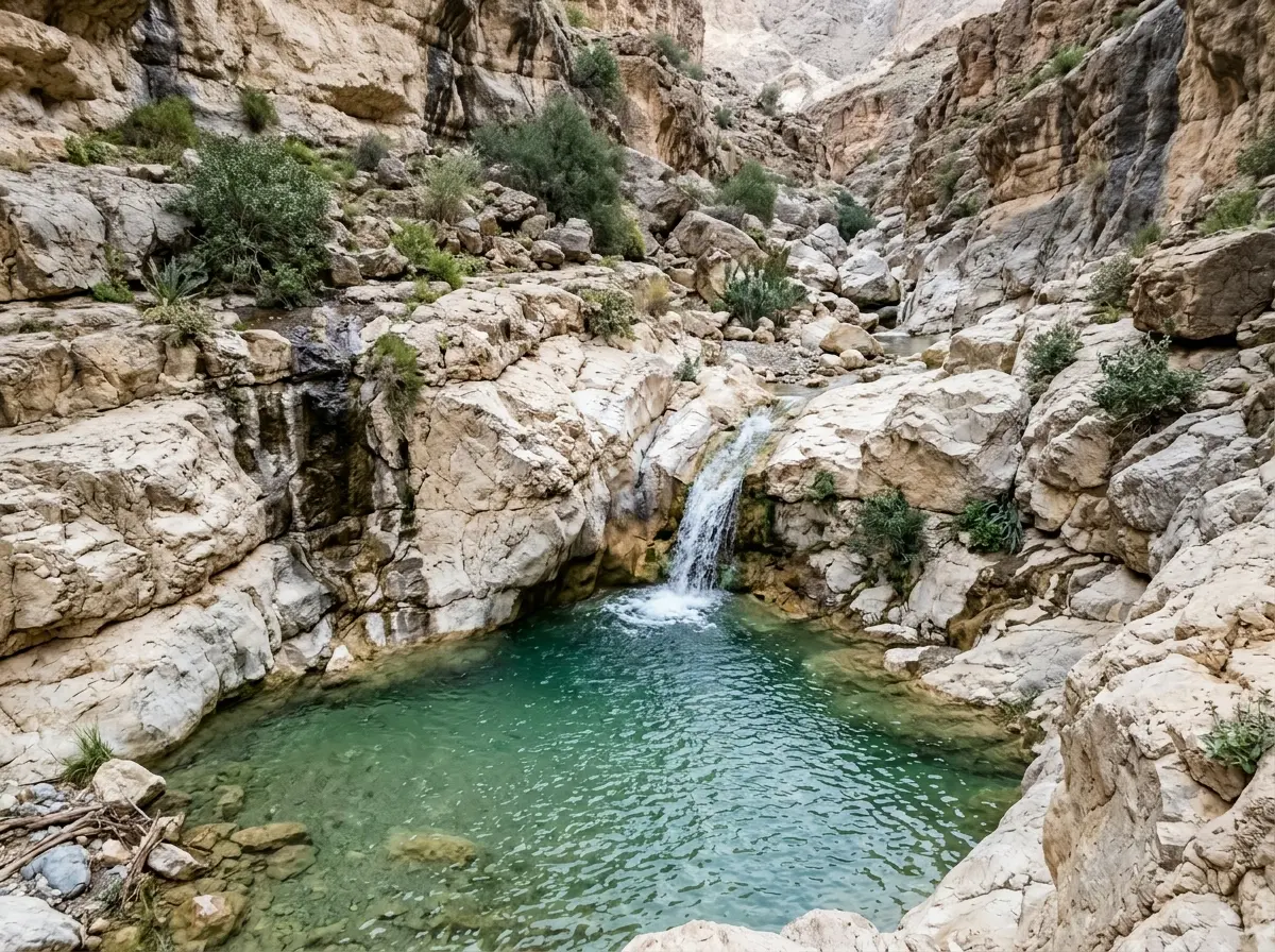 شلال موسمي يصب في بركة صخرية في وادٍ جبلي