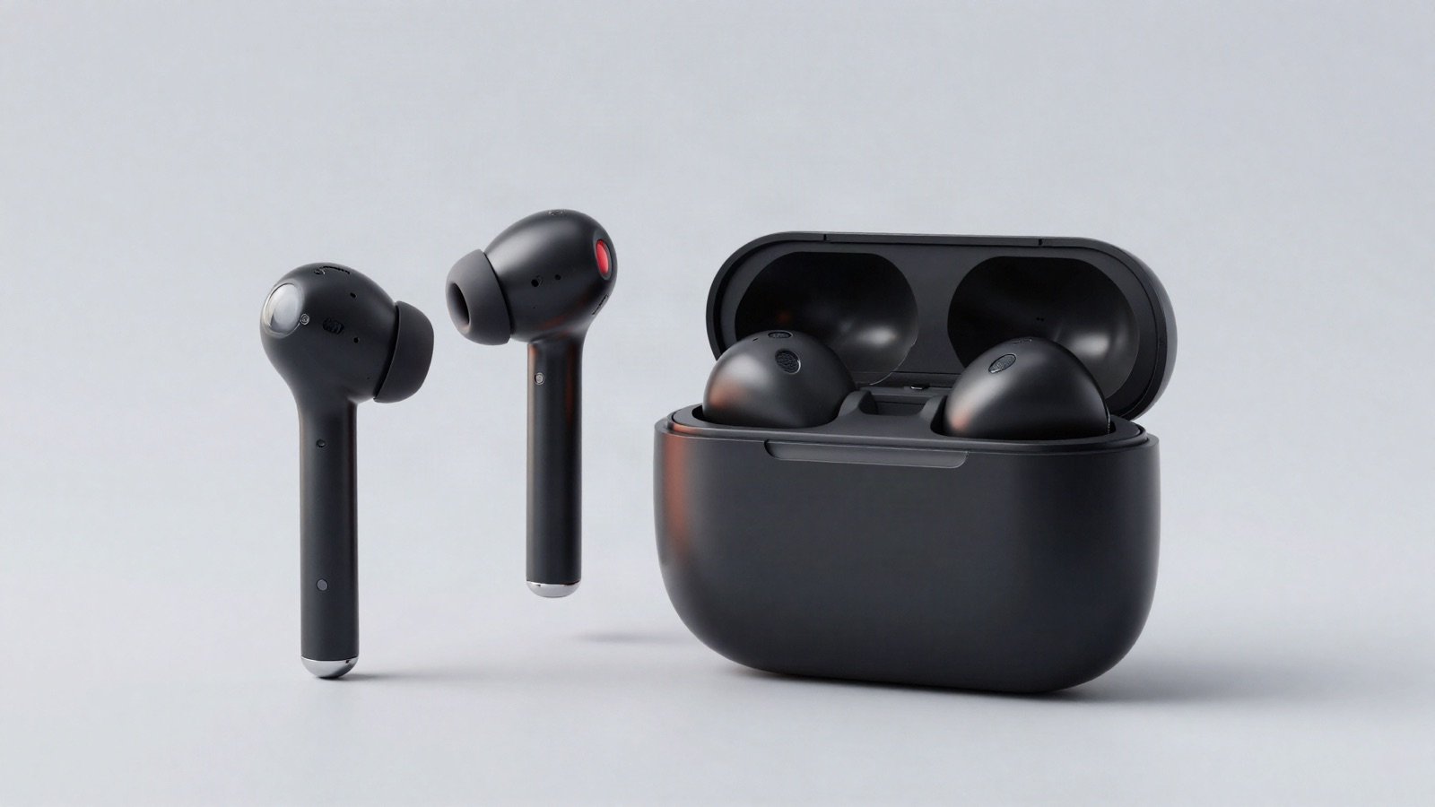 Black true wireless earbuds beside their open charging case