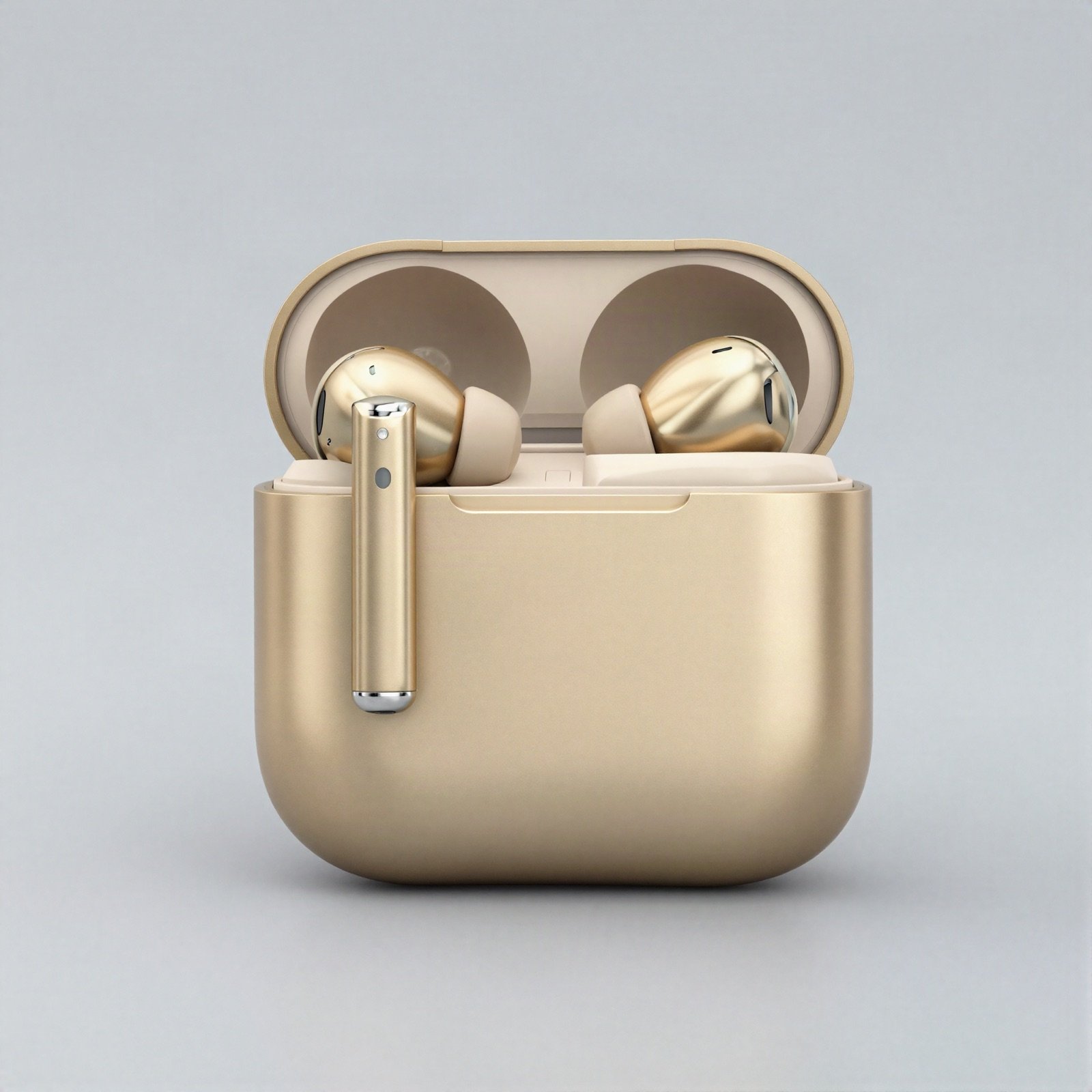 Gold wireless earbuds in a matching gold charging case