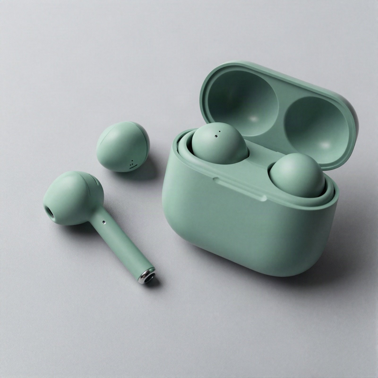Sage green wireless earbuds with a matching charging case