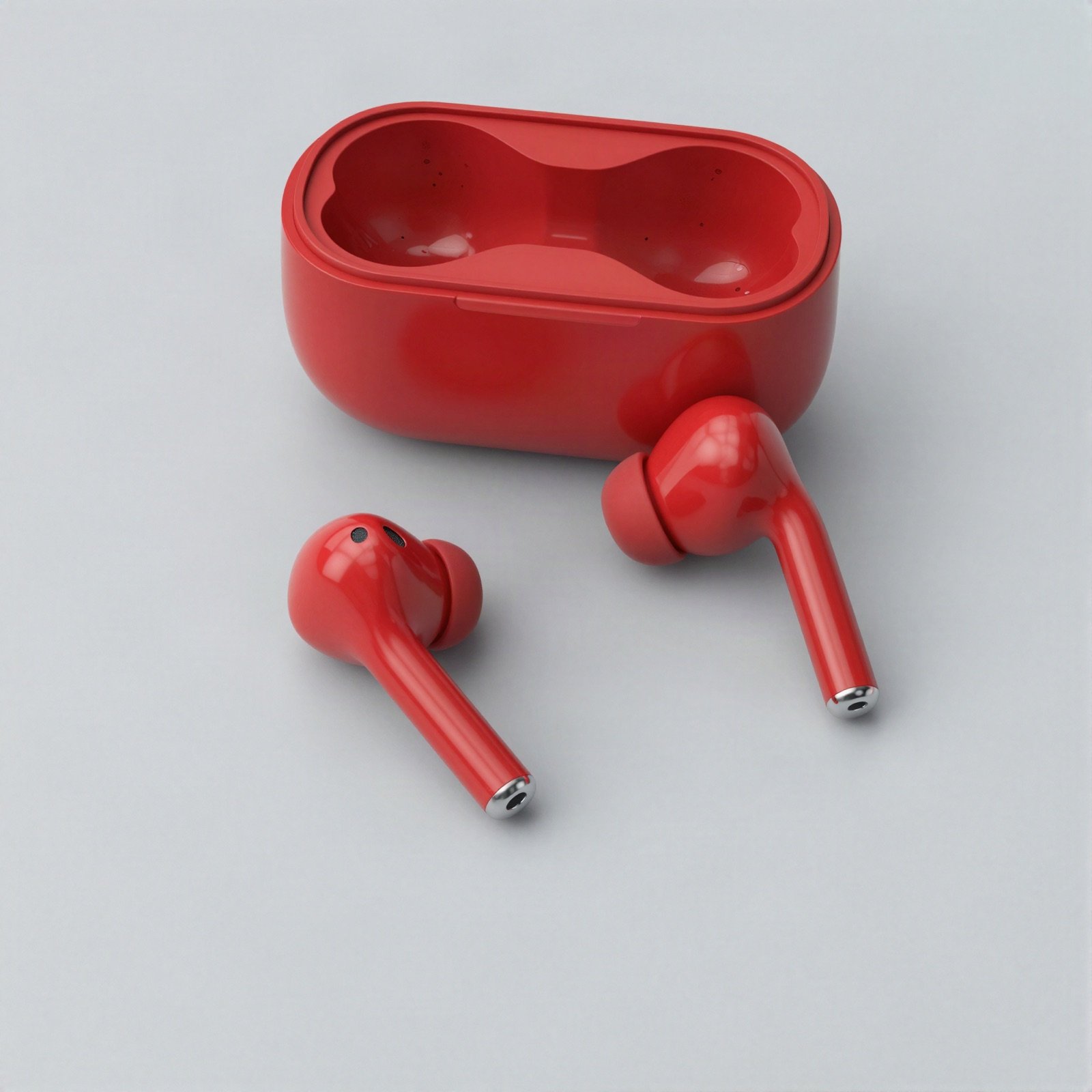 Red wireless earbuds beside a matching red charging case