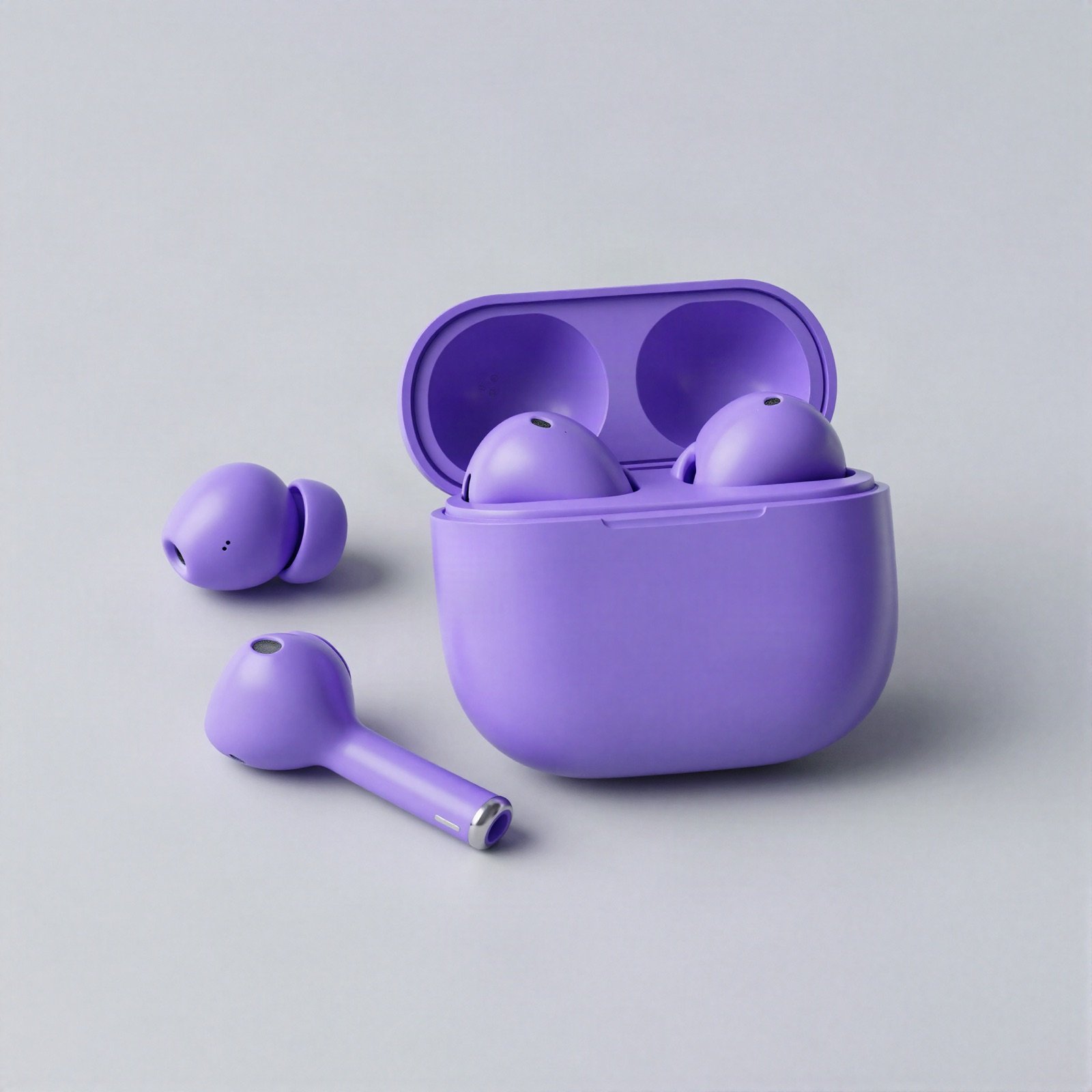 Violet wireless earbuds with a matching violet charging case