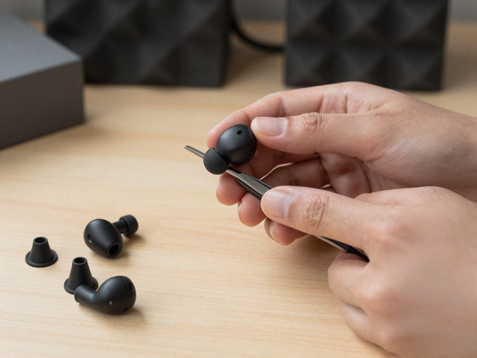 Hands fitting a silicone ear tip onto a black wireless earbud at a wooden workbench