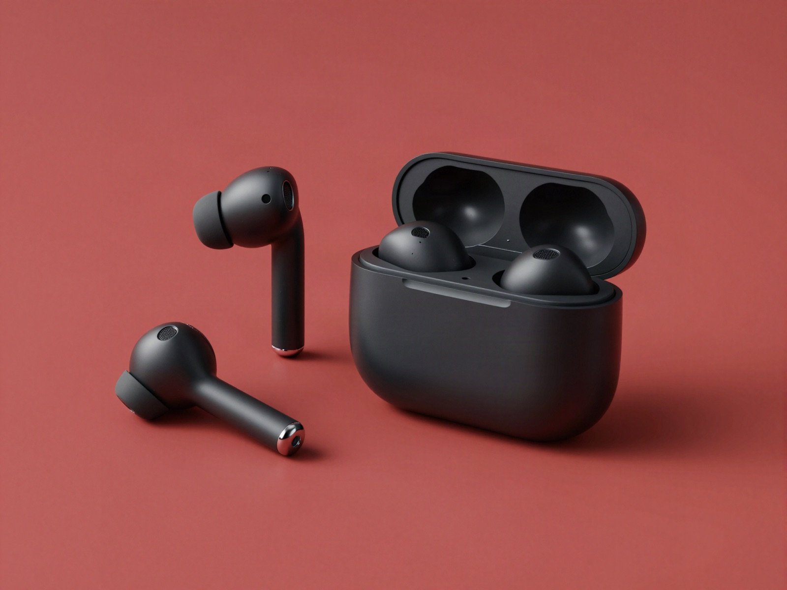 Pair of matte black wireless earbuds beside their open charging case on a red background