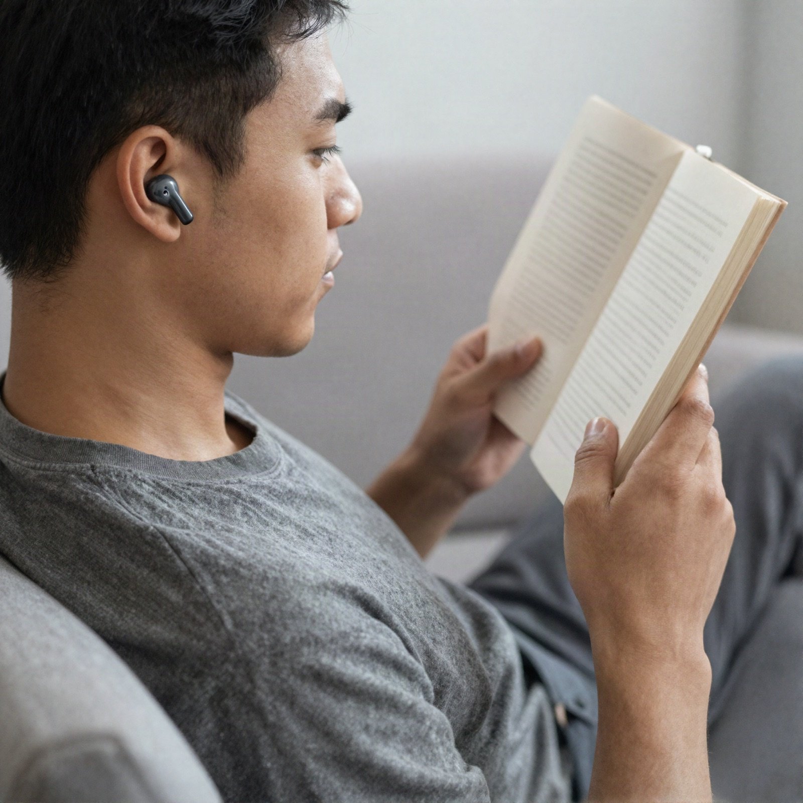 Man wearing a black wireless earbud while reading a book on the sofa