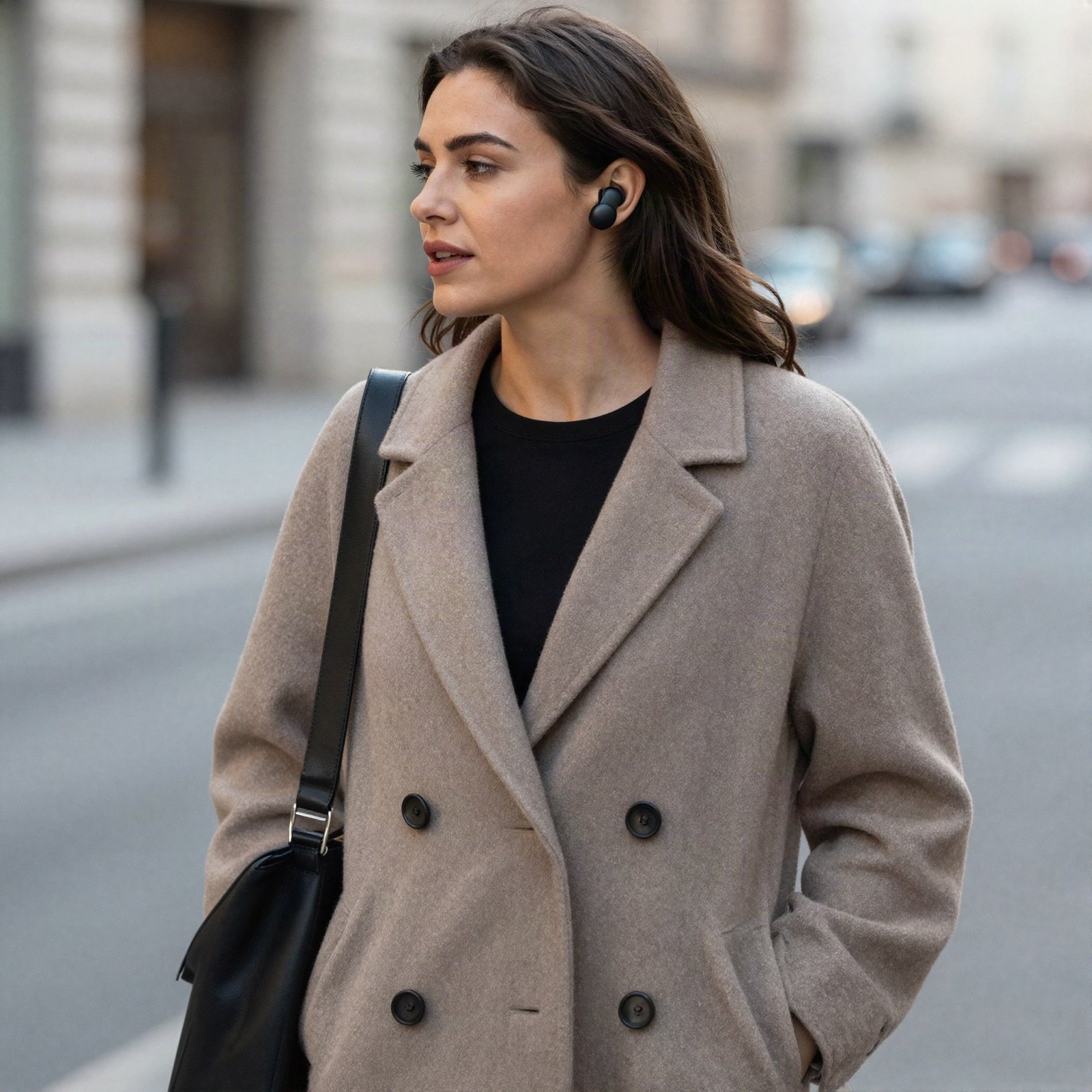 Woman walking down a city street wearing black wireless earbuds