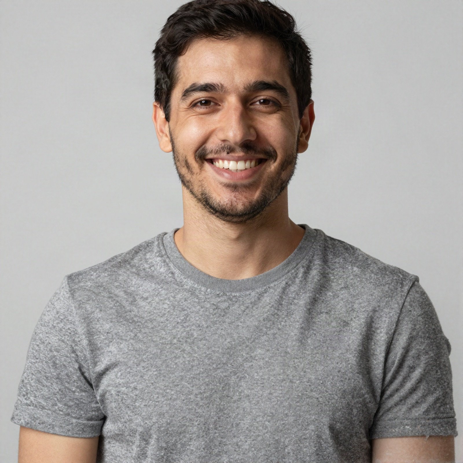 Portrait of a smiling man with short dark hair in a grey t-shirt