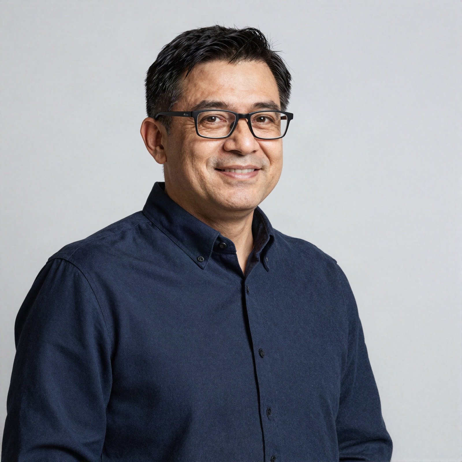 Portrait of a man with glasses in a navy shirt