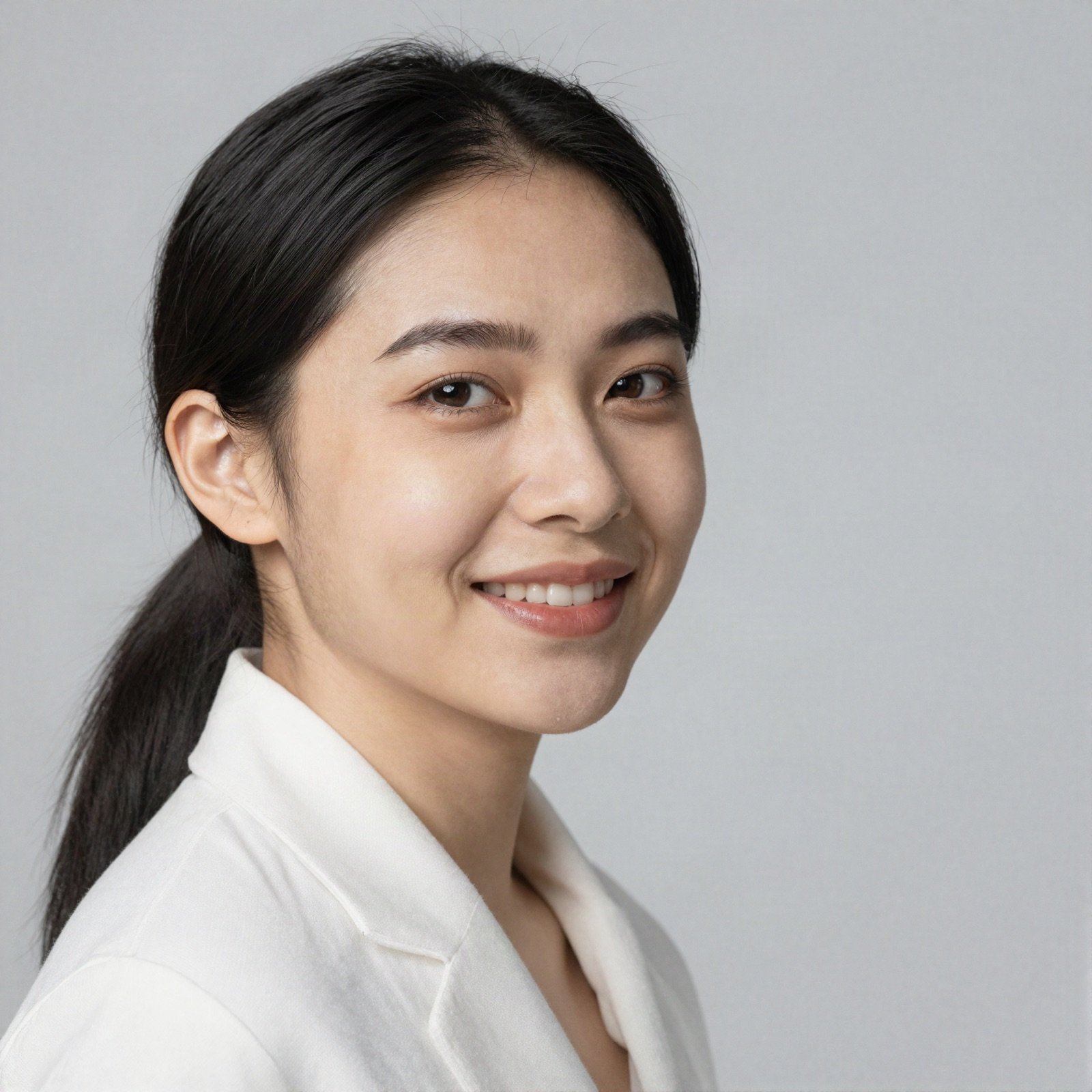 Portrait of a smiling woman with black hair tied back in a white shirt