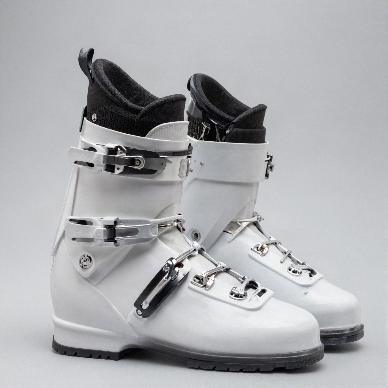 A pair of white and black ski boots with buckles