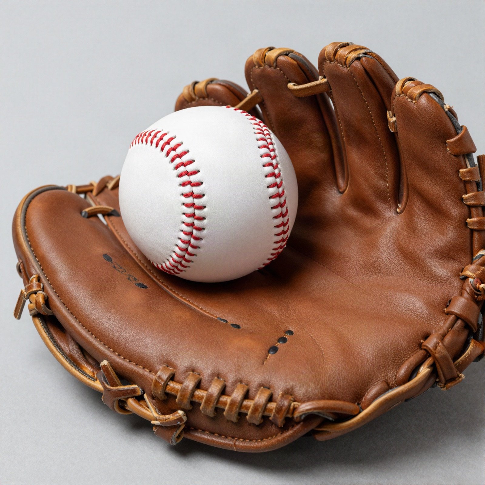 A white baseball with red stitching in a brown leather glove