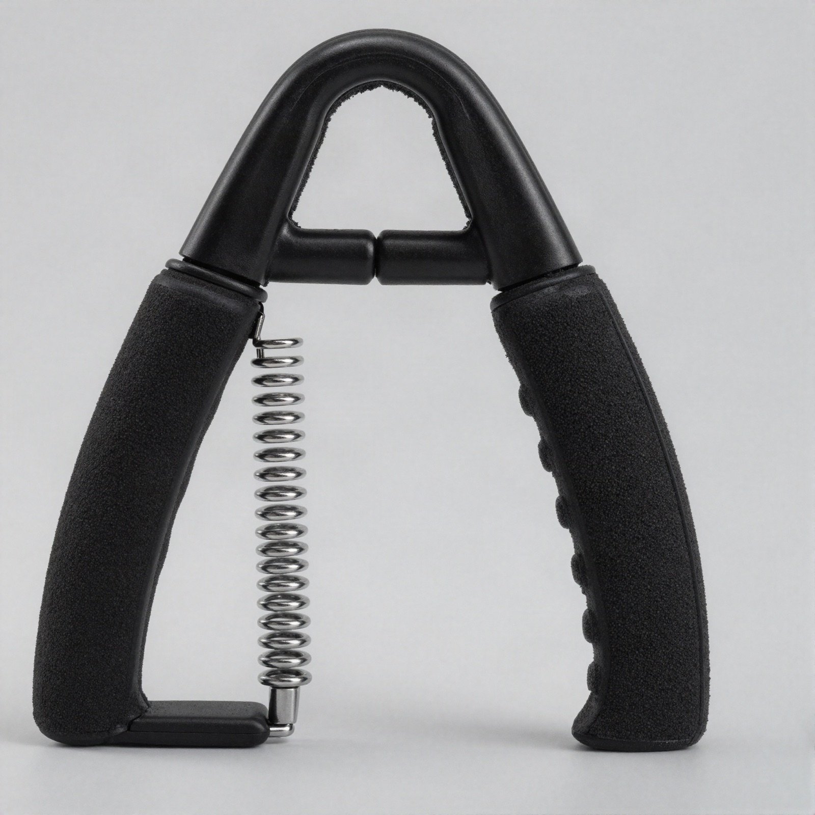 A black hand grip strengthener with foam handles and a steel spring