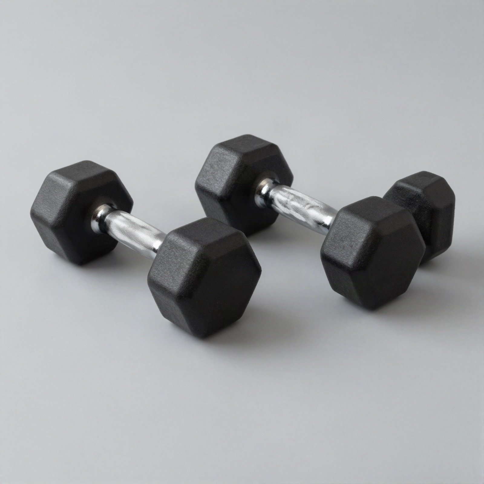 A pair of black hexagonal rubber dumbbells
