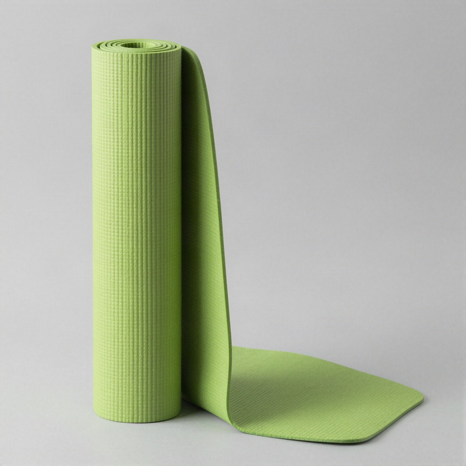 A lime green yoga mat, rolled and partly unrolled