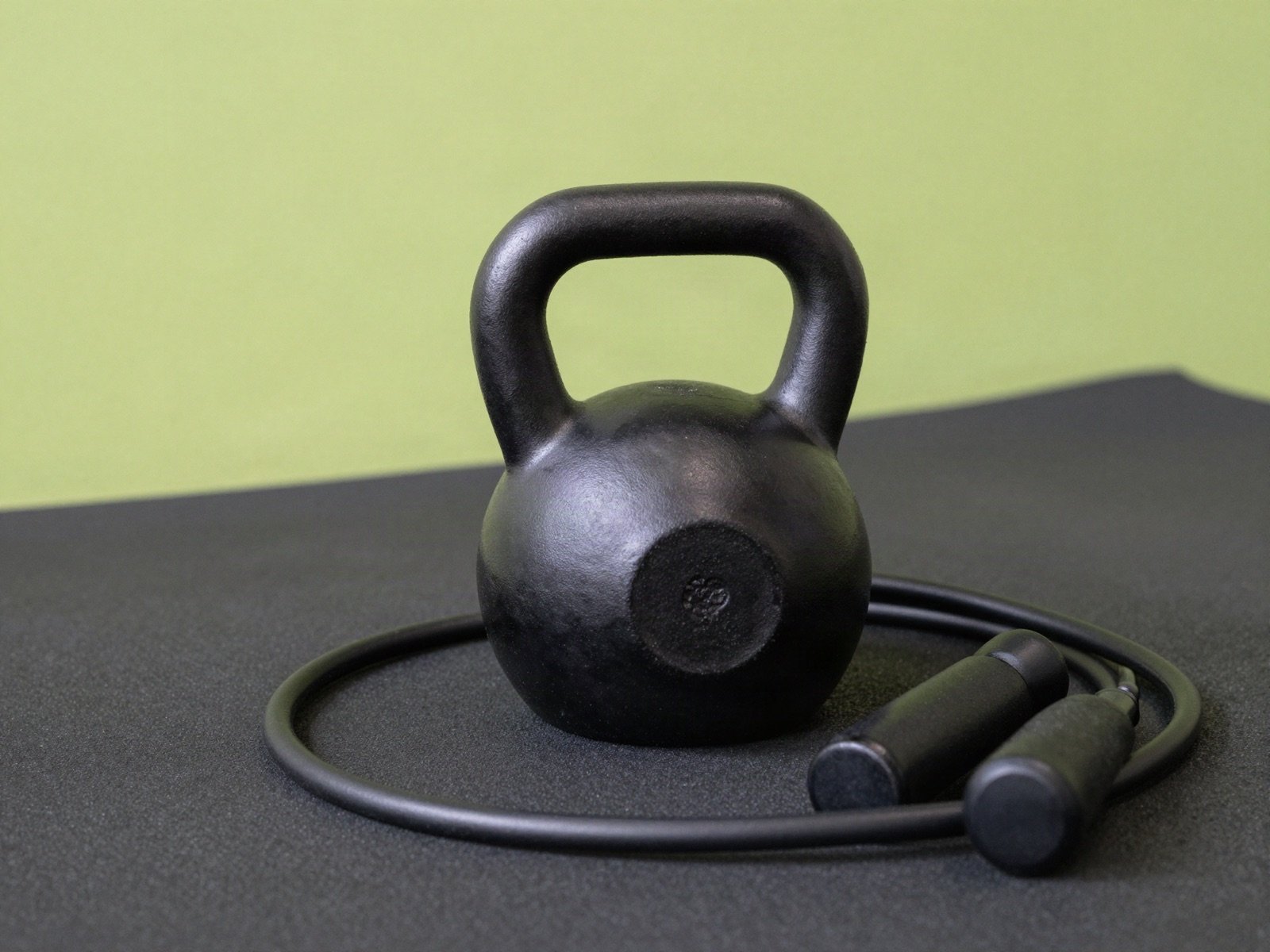 A black kettlebell and a jump rope on a gym floor against a lime green wall