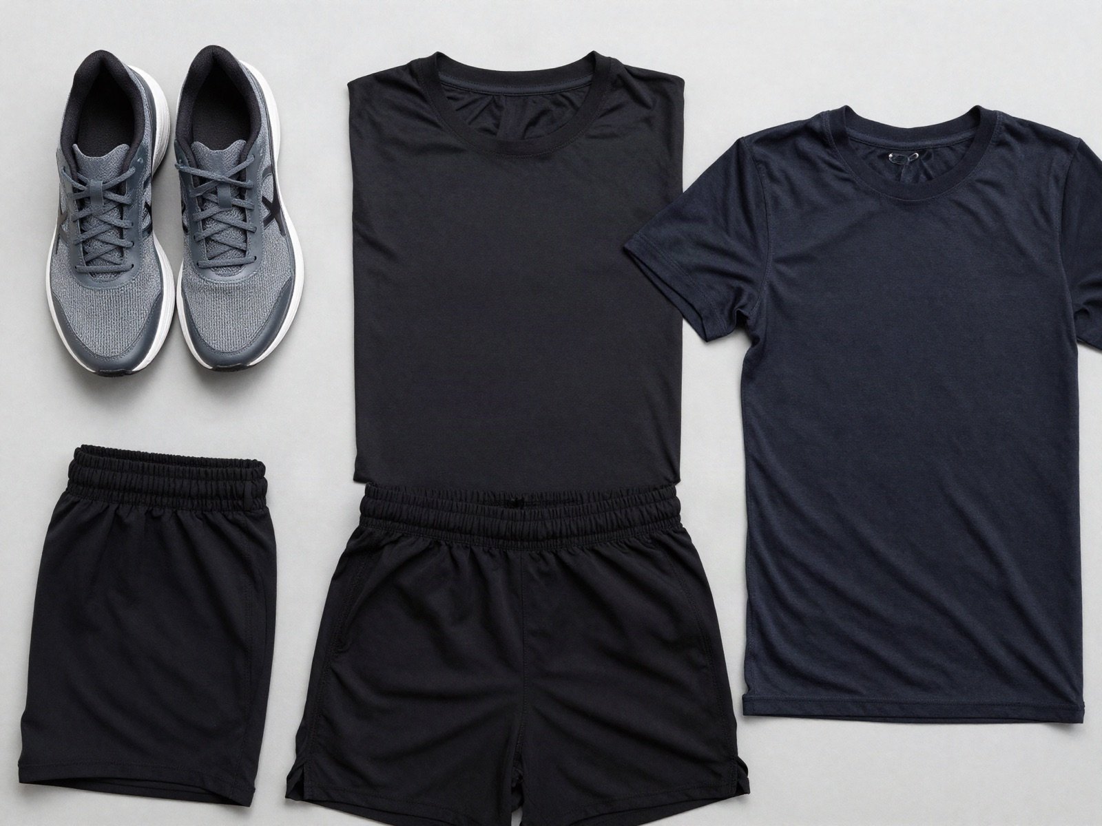 Grey running shoes, black training t-shirts and shorts laid flat