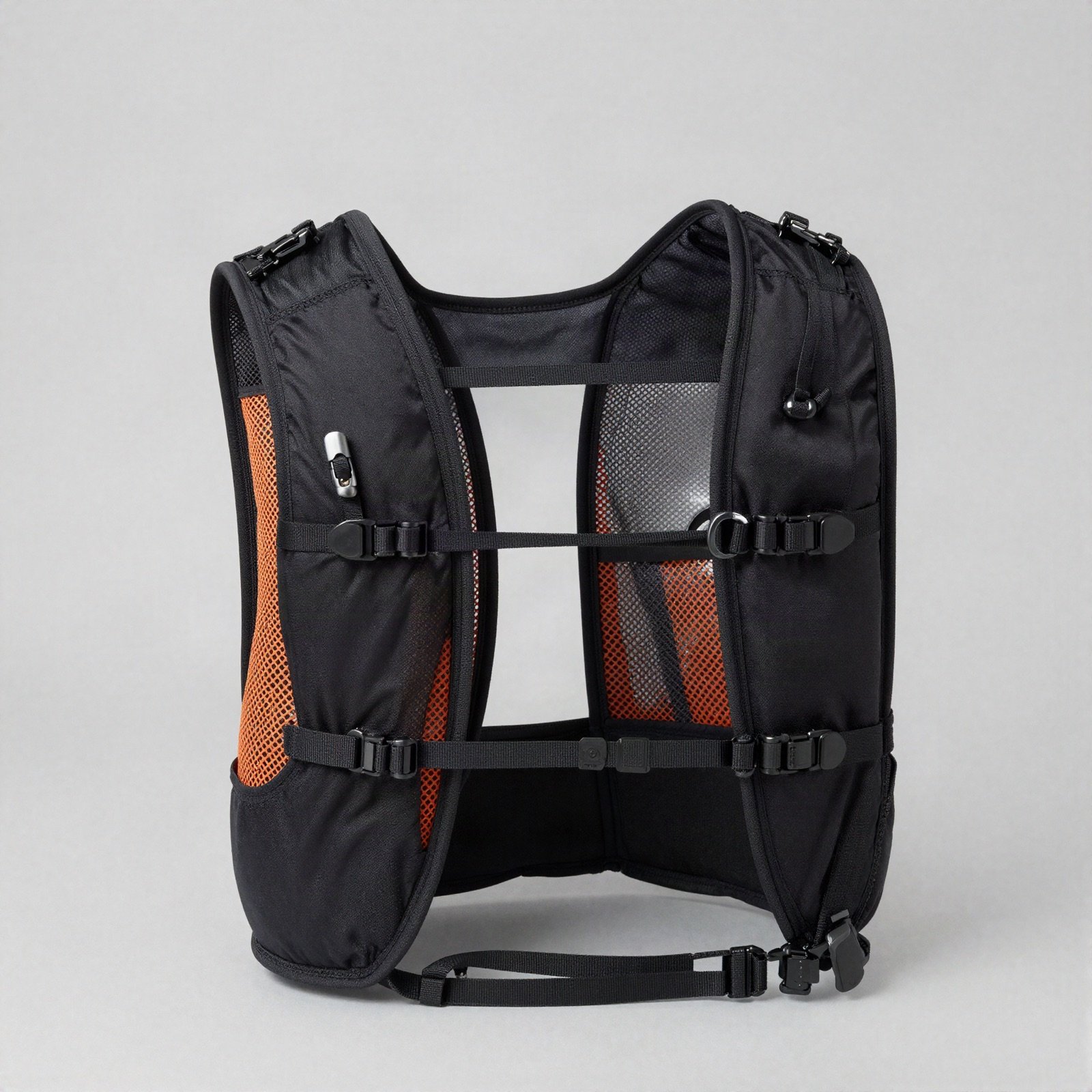 A slim black running vest pack with orange mesh pockets
