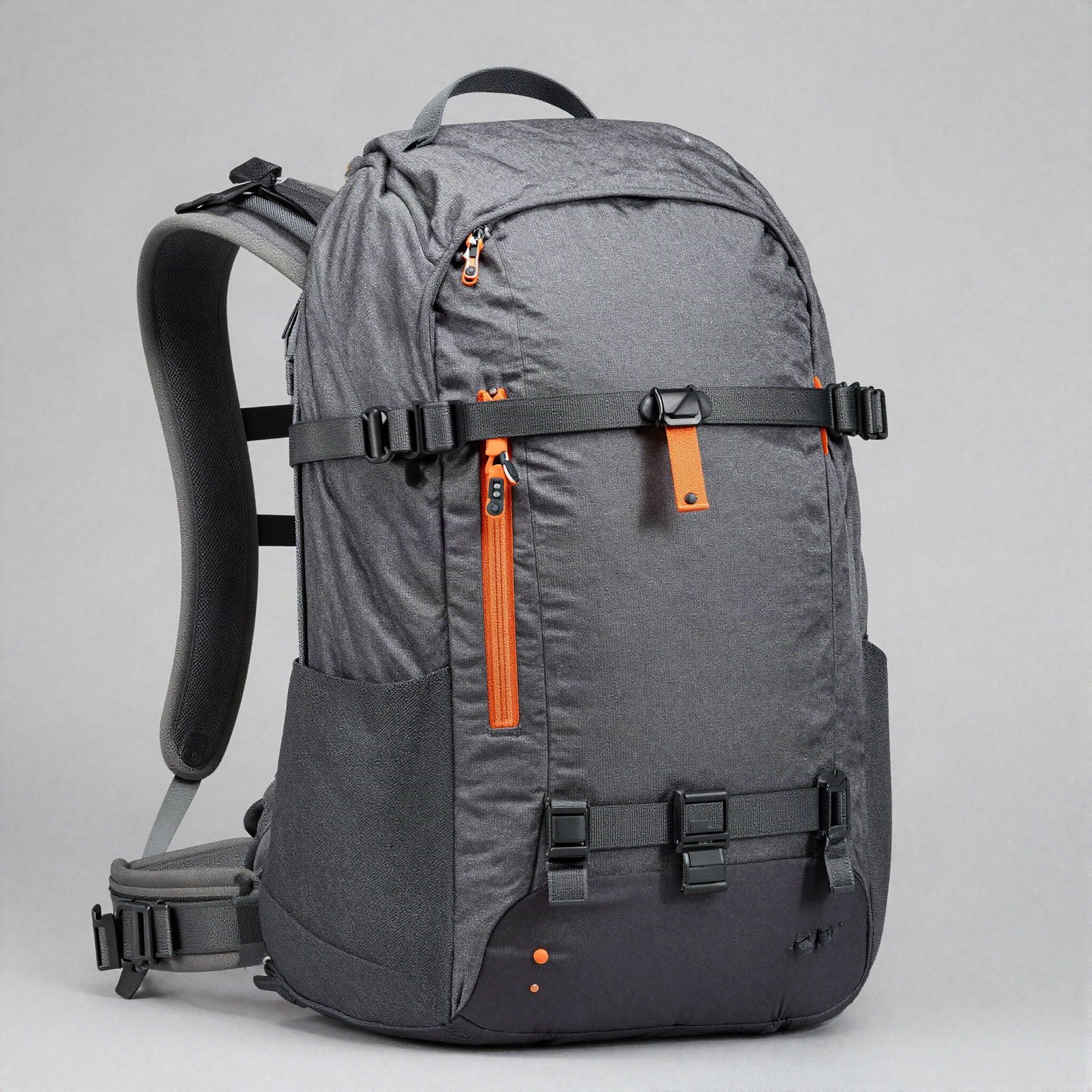 A grey trekking backpack with orange zips